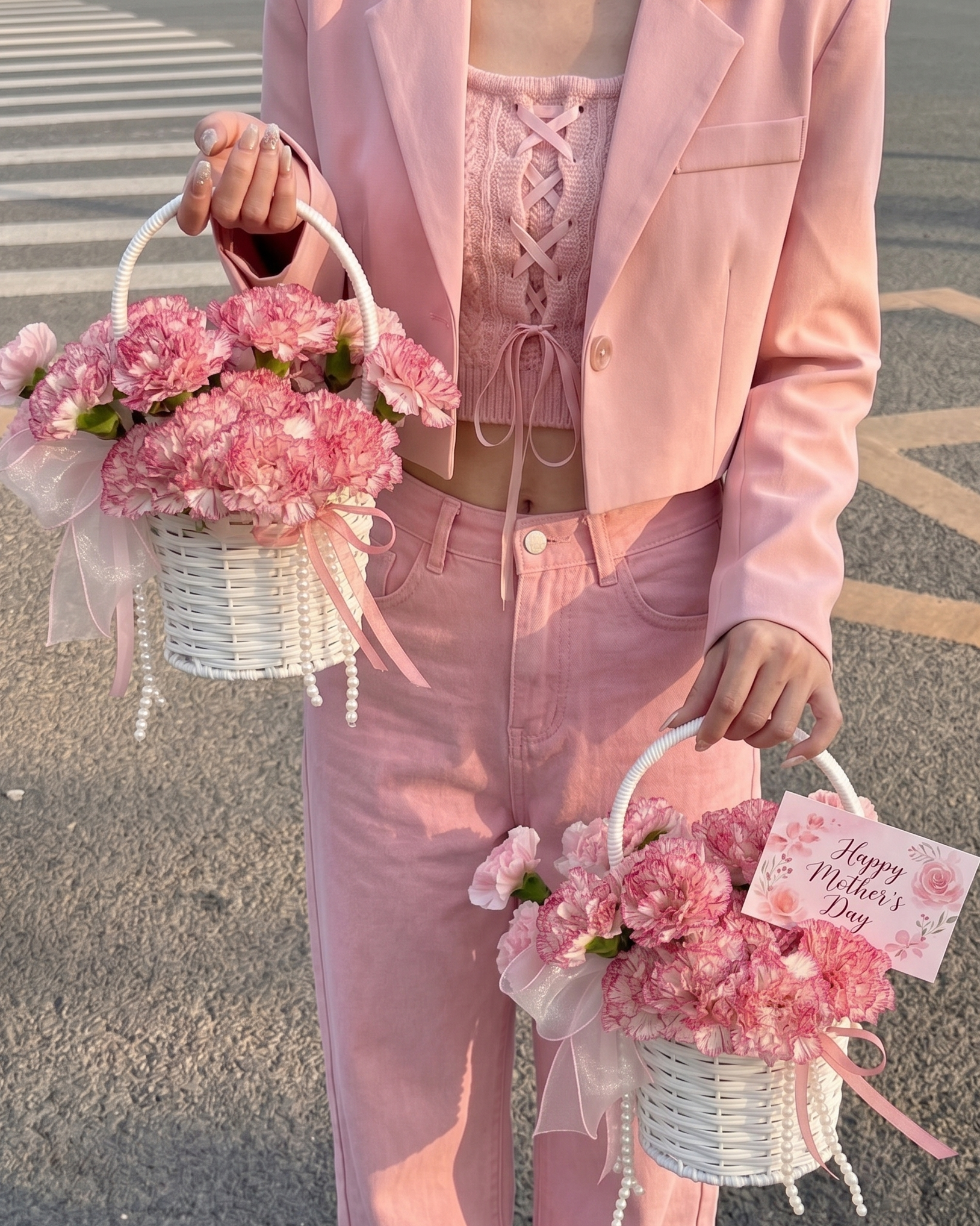 Person in a pink outfit holding two flower baskets with 'Happy Mother's Day' cards on a street.